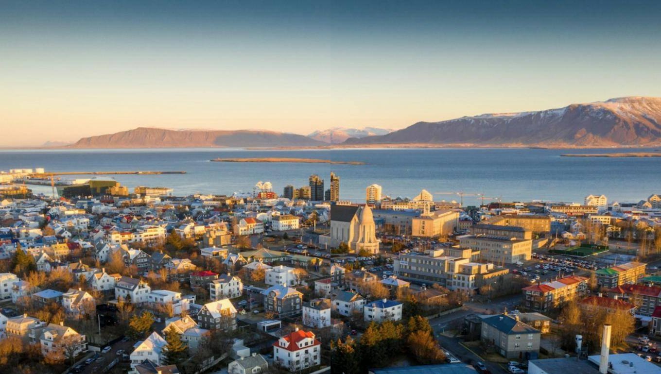 Reykjavík at sunset with Hallgrímskirkja and Mount Esja across the bay