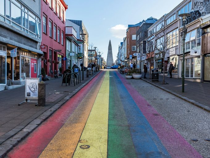 The rainbow street Skólavörðustígur leading up to Hallgrímskirkja