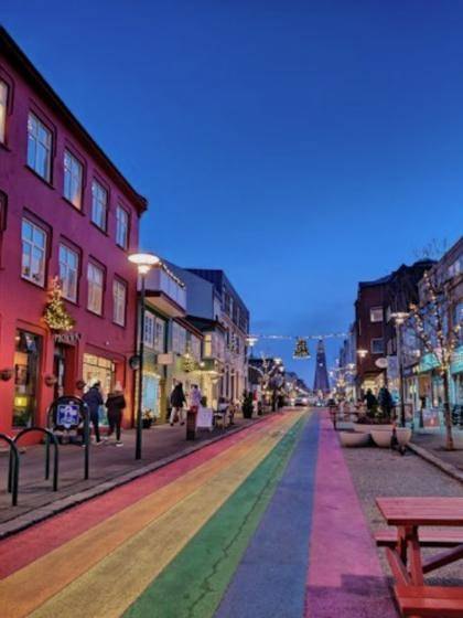 Rainbow-painted street leading up to Hallgrímskirkja in Reykjavík